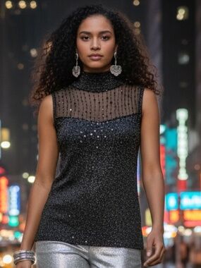 🤩 CABLE & GAUGE Grey & Silver, Bead & Sequin Top - size M